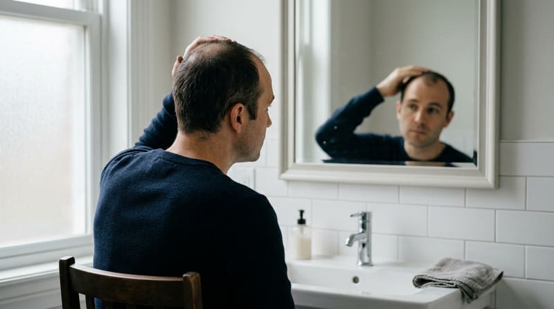 A man checks his thinning hair in a bathroom mirror, one hand on his scalp
