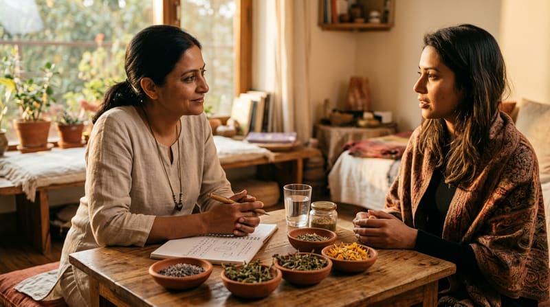 Two women in conversation at a wooden table set with bowls of dried herbs, one taking notes