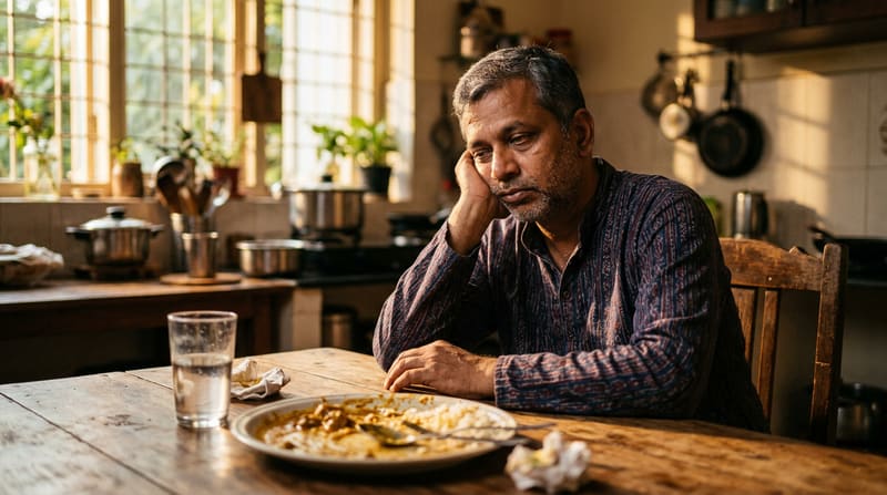 A man sits at a kitchen table, chin resting on his hand, an unfinished meal in front of him