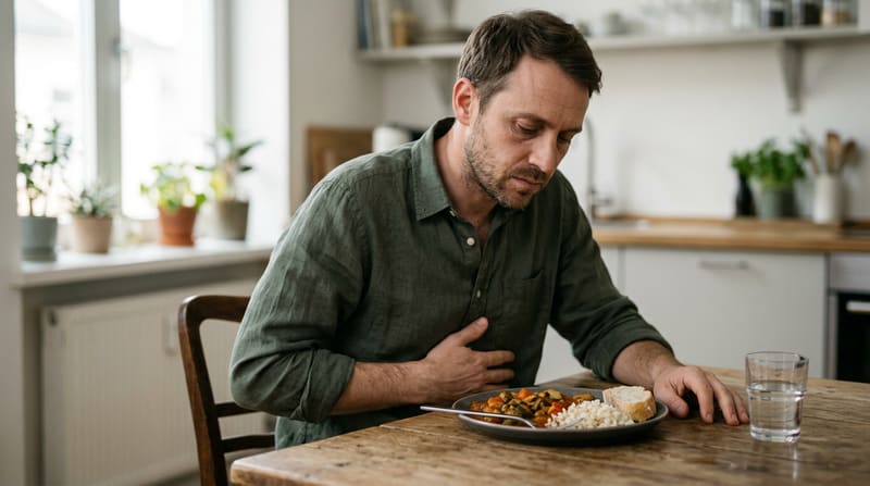 A man at a kitchen table presses a hand to his stomach, looking down at his plate