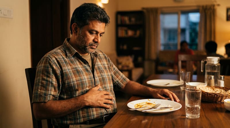 A man at a dining table rests a hand on his stomach, his plate nearly finished