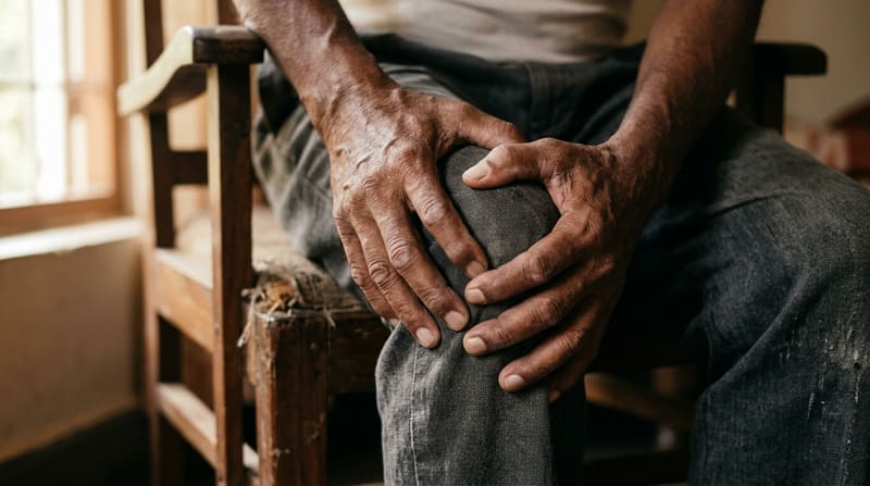 Weathered hands clasped around a knee, seated on a wooden chair by a window