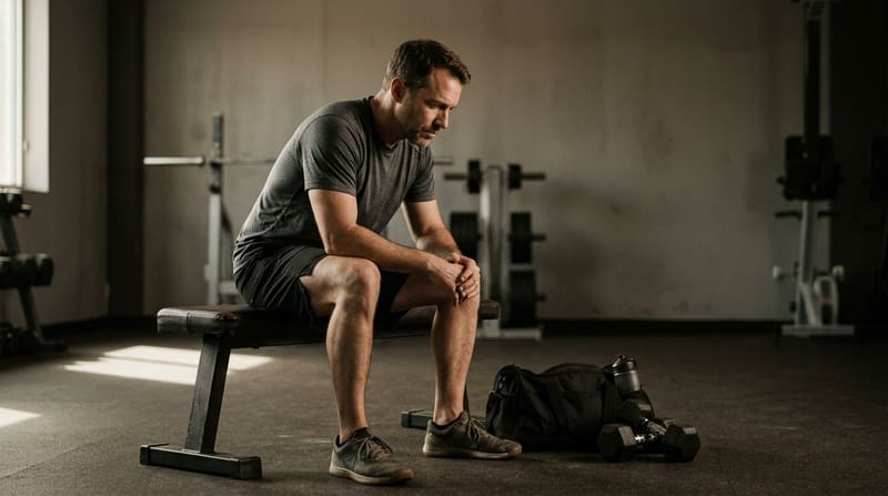 A man sits slumped on a gym bench beside his bag and dumbbells, head lowered