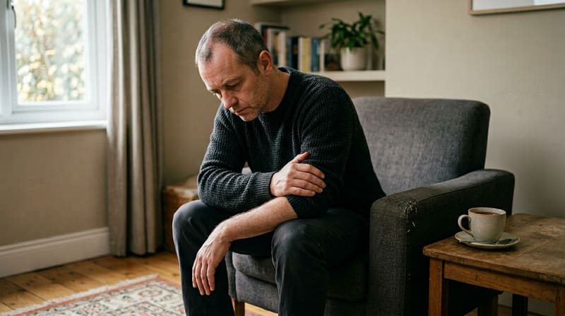 A man sits in an armchair with arms crossed and head bowed, a cup of tea beside him