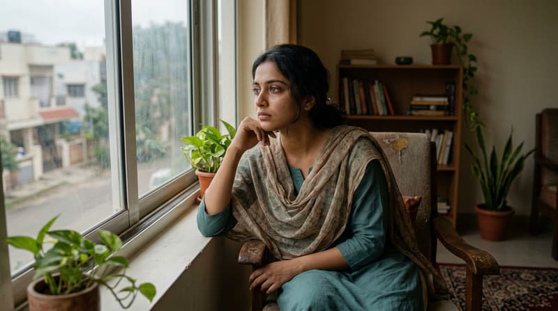 A woman in a shawl sits by a rain-streaked window, chin on her hand, looking out