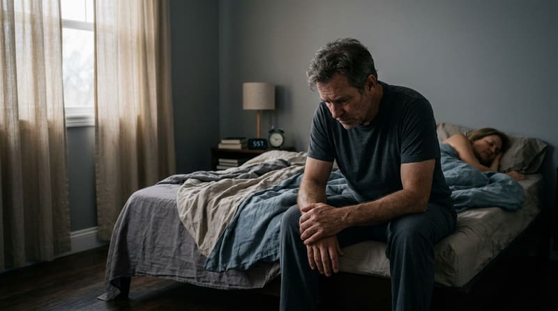 A man sits on the edge of the bed at night, head lowered, his partner asleep behind him