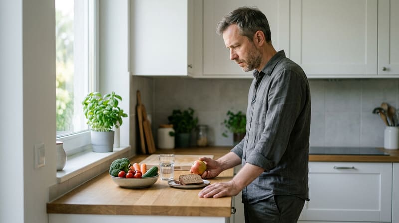 A man stands at a kitchen counter holding an apple, a small meal and a bowl of vegetables in front of him