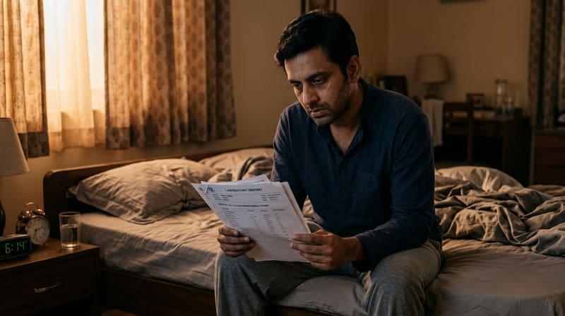 A man sits on the edge of a bed reading the pages of a laboratory report